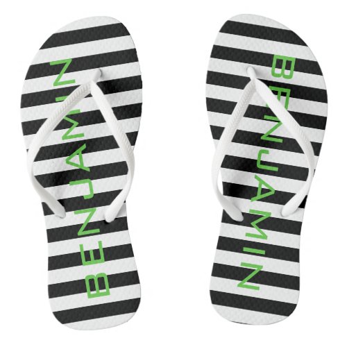 Black and White Striped Pattern Custom Name Flip Flops