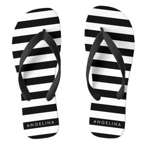 Black and White Striped Pattern Custom Name Flip Flops