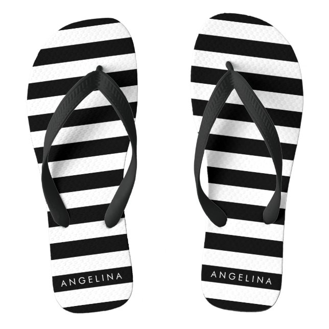 Black and White Striped Pattern Custom Name Flip Flops (Footbed)