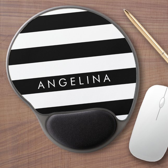 Black and White Striped Pattern Custom Name Gel Mouse Pad (Personalized mousepad with custom text)