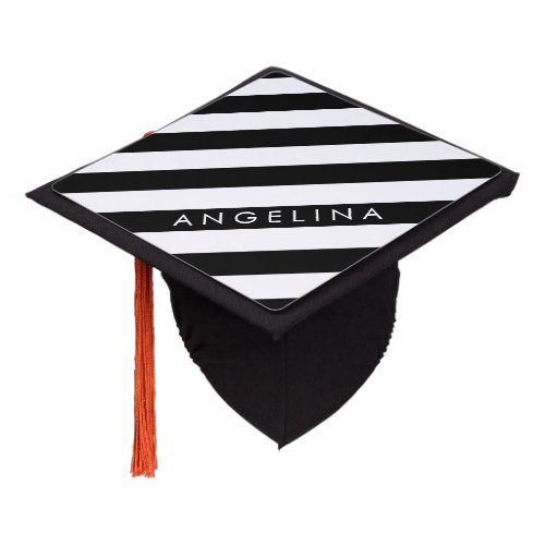 Black and White Striped Pattern Custom Name Graduation Cap Topper