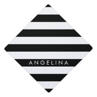 Black and White Striped Pattern Custom Name Graduation Cap Topper