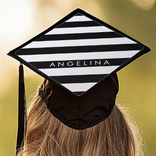 Black and White Striped Pattern Custom Name Graduation Cap Topper
