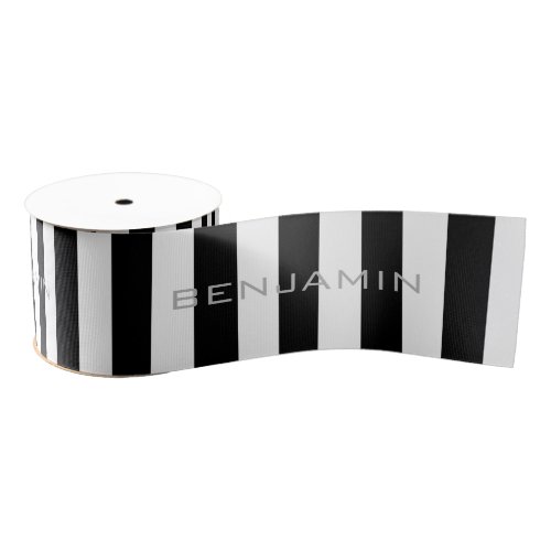 Black and White Striped Pattern Custom Name Grosgrain Ribbon