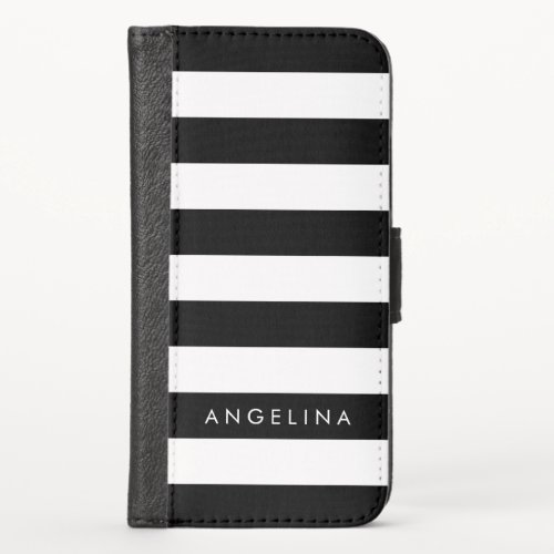 Black and White Striped Pattern Custom Name iPhone X Wallet Case