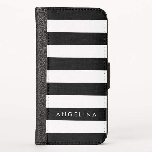 Black and White Striped Pattern Custom Name iPhone Wallet Case (Front)