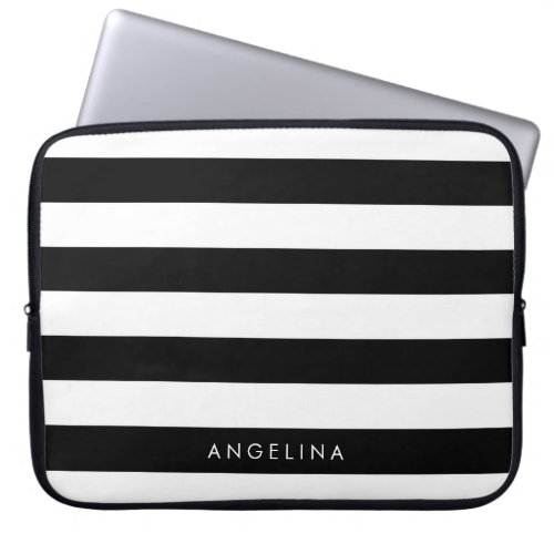 Black and White Striped Pattern Custom Name Laptop Sleeve