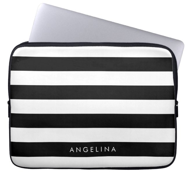 Black and White Striped Pattern Custom Name Laptop Sleeve (Front)