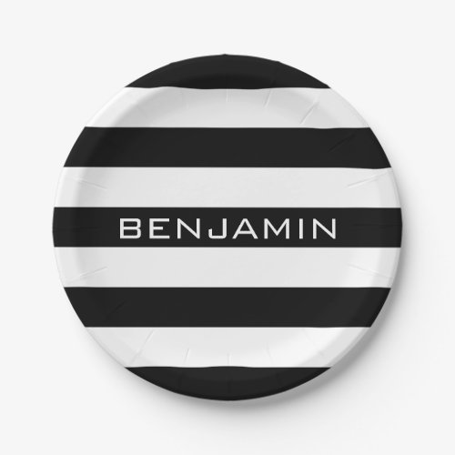 Black and White Striped Pattern Custom Name Paper Plates