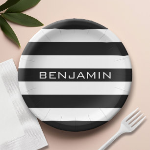 Black and White Striped Pattern Custom Name Paper Plates