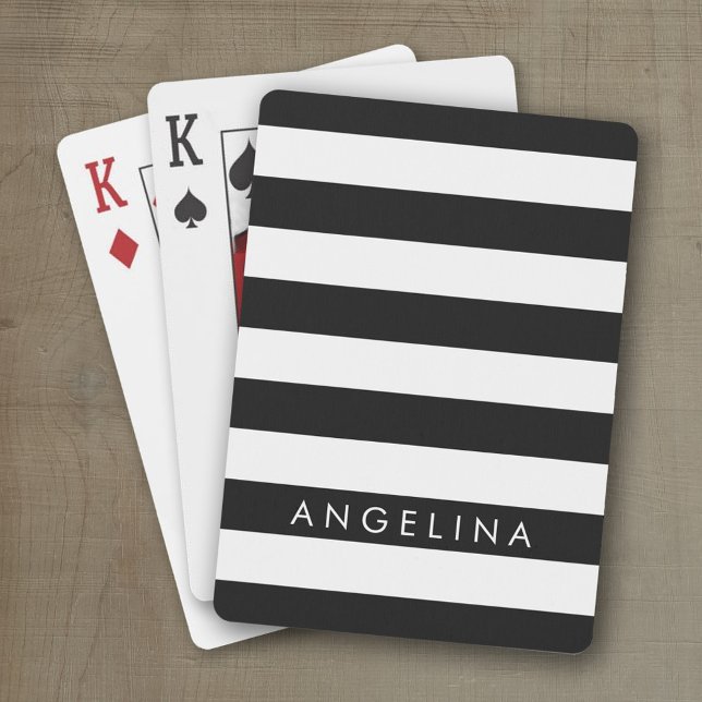 Black and White Striped Pattern Custom Name Poker Cards (Personalized playing cards with a modern stripe pattern and a place for a name or monogram)