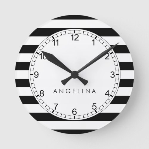 Black and White Striped Pattern Custom Name Round Clock