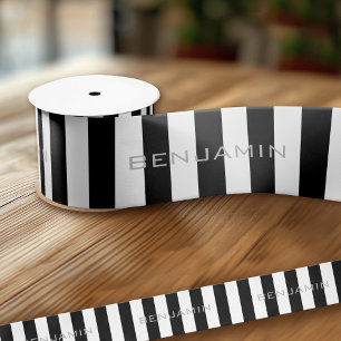 Black and White Striped Pattern Custom Name Satin Ribbon