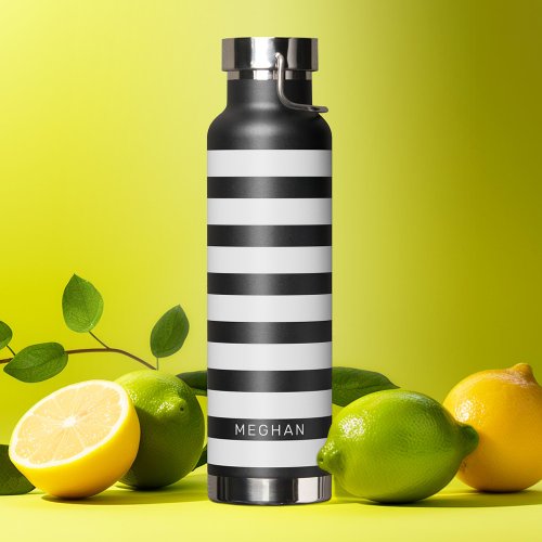 Black and White Striped Pattern Custom Name Water Bottle
