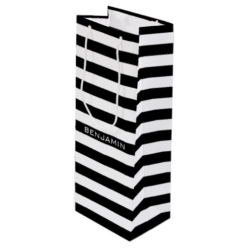 Black and White Striped Pattern Custom Name Wine Gift Bag