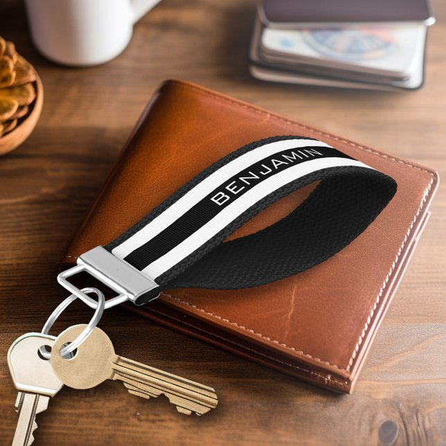Black and White Striped Pattern Custom Name Wrist Keychain (Personalized keychain - Add name or monogram)