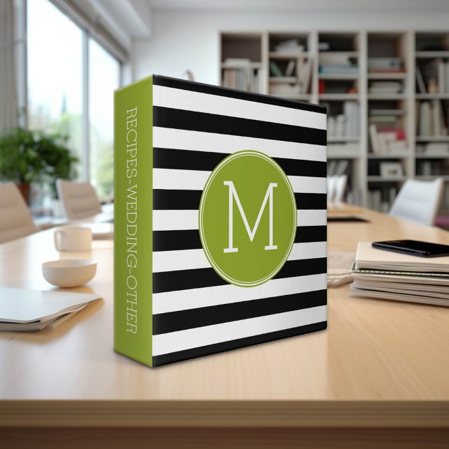 Black and White Striped Pattern Green Monogram 3 Ring Binder (Custom Monogram Binder)