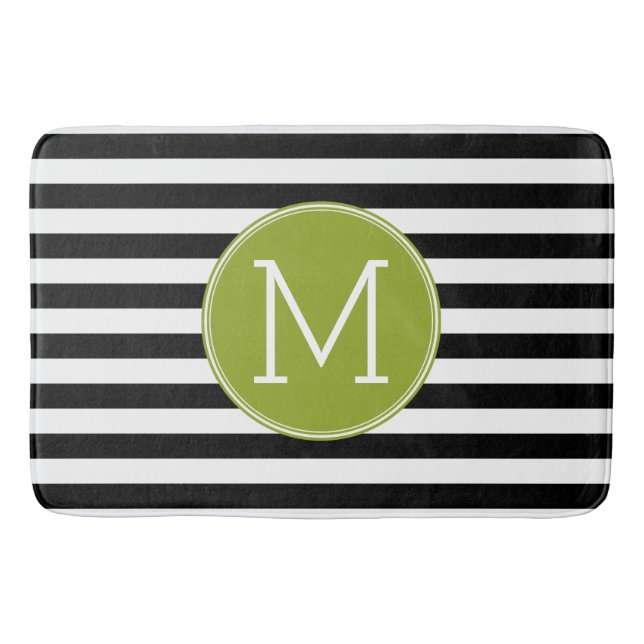 Black and White Striped Pattern Green Monogram Bathroom Mat (Front)