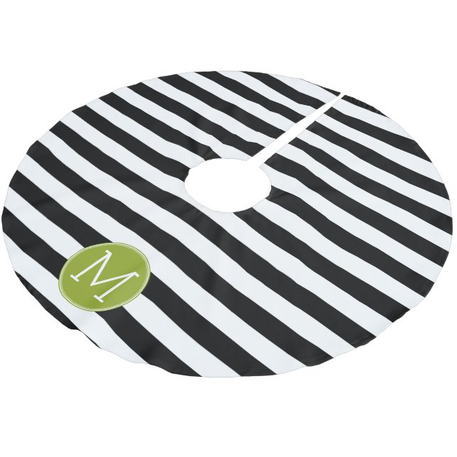 Black and White Striped Pattern Green Monogram Brushed Polyester Tree Skirt (Angled)