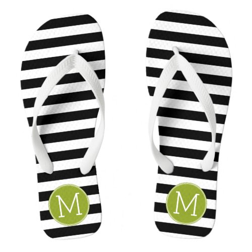 Black and White Striped Pattern Green Monogram Flip Flops