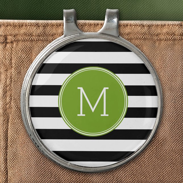 Black and White Striped Pattern Green Monogram Golf Hat Clip (Custom Golf Hat Clip)