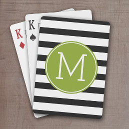 Black and White Striped Pattern Green Monogram Playing Cards