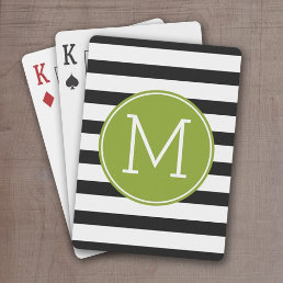 Black and White Striped Pattern Green Monogram Poker Cards