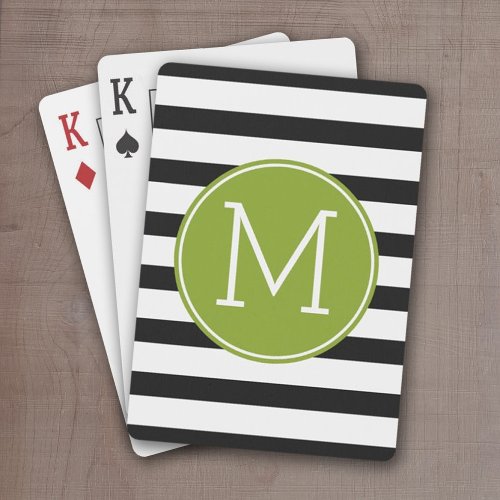 Black and White Striped Pattern Green Monogram Poker Cards