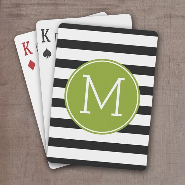 Black and White Striped Pattern Green Monogram Poker Cards (Green and Black stripes with monogram - personalized playing cards)
