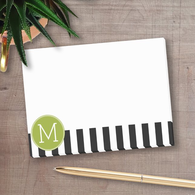 Black and White Striped Pattern Green Monogram Post-it Notes (Personalized Post-it notes - add your name and other text)