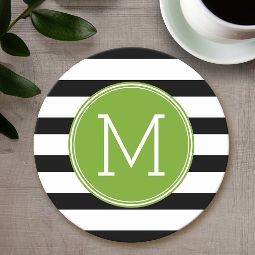 Black and White Striped Pattern Green Monogram Round Paper Coaster