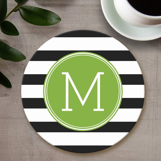 Black and White Striped Pattern Green Monogram Round Paper Coaster (Personalized coaster - monogram)