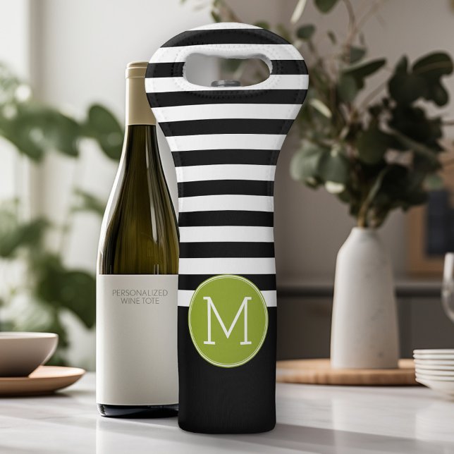Black and White Striped Pattern Green Monogram Wine Bag (Personalized Wine Tote - Add Your Monogram or Customize completely in the advanced design area)
