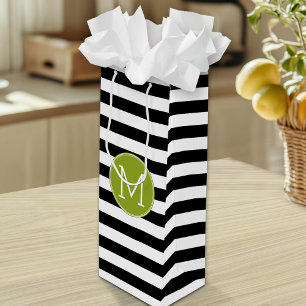Black and White Striped Pattern Green Monogram Wine Gift Bag