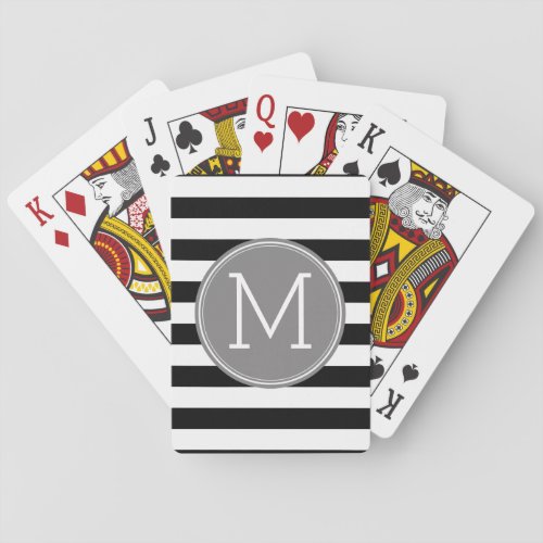 Black and White Striped Pattern Grey Monogram Poker Cards