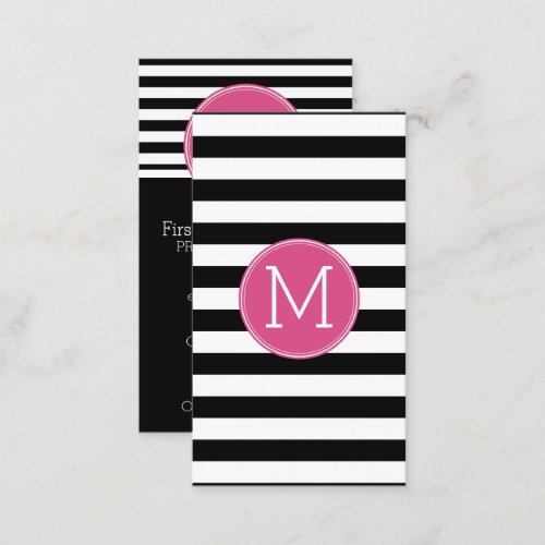 Black and White Striped Pattern Hot Pink Monogram Business Card