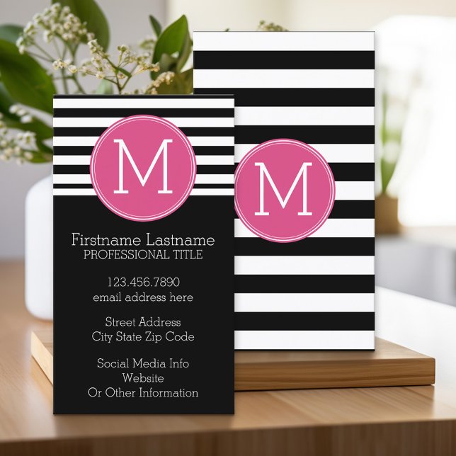 Black and White Striped Pattern Hot Pink Monogram Business Card (Custom Printed Business Card)