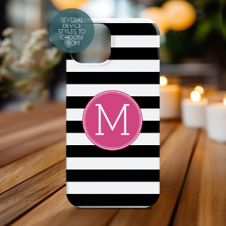 Black and White Striped Pattern Hot Pink Monogram Case-Mate iPhone 14 Case