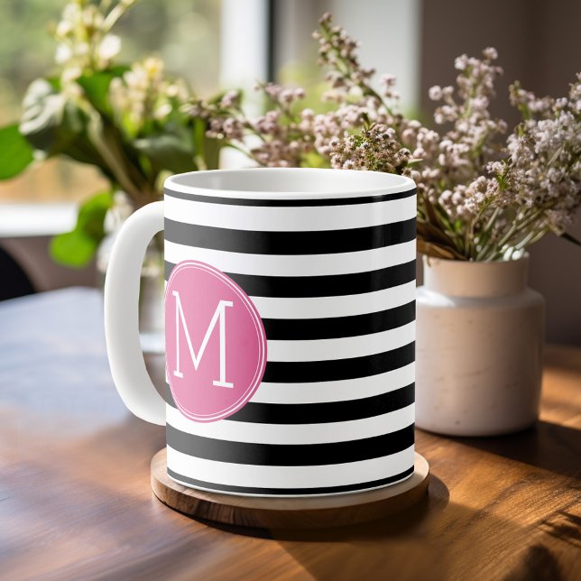 Black and White Striped Pattern Hot Pink Monogram Coffee Mug (Mug template with a place for custom text)