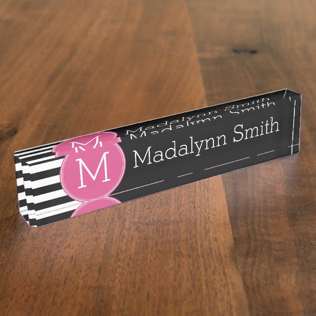 Black and White Striped Pattern Hot Pink Monogram Desk Name Plate (Side)