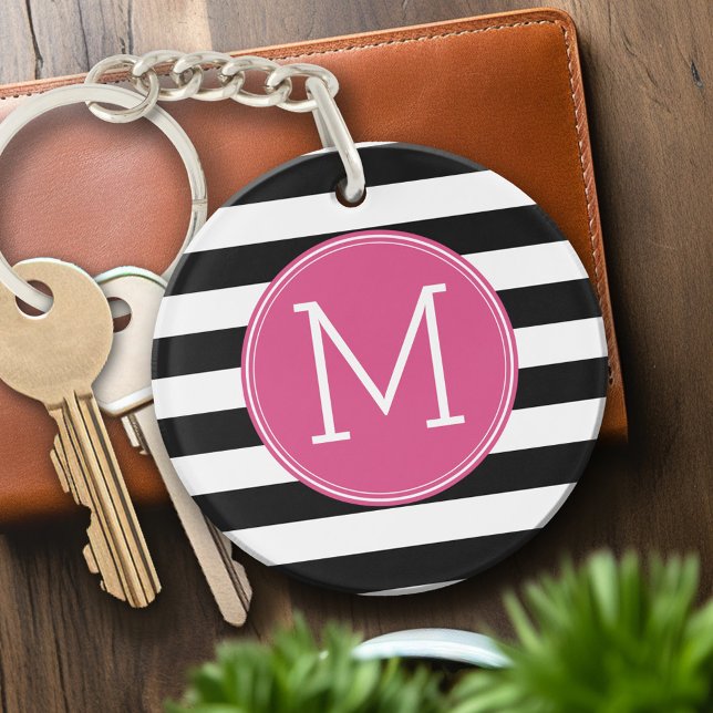Black and White Striped Pattern Hot Pink Monogram Keychain (Personalized Keychain - pink and black with monogram)