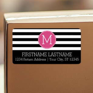Black and White Striped Pattern Hot Pink Monogram Label