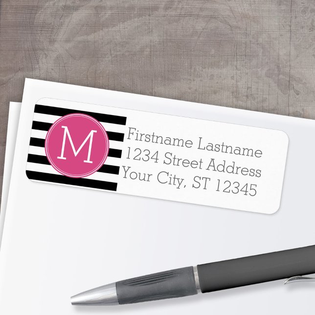 Black and White Striped Pattern Hot Pink Monogram Label (Custom Return Address Labels - Low Minimum)