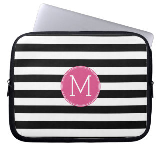 Black and White Striped Pattern Hot Pink Monogram Laptop Sleeve