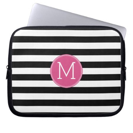 Black And White Striped Pattern Hot Pink Monogram Laptop Sleeve