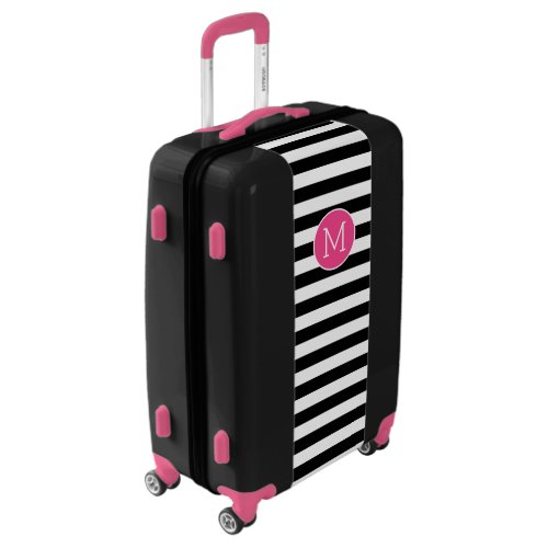 Black and White Striped Pattern Hot Pink Monogram Luggage