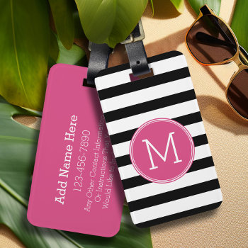 Black And White Striped Pattern Hot Pink Monogram Luggage Tag by MarshEnterprises at Zazzle