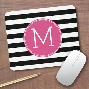 Black and White Striped Pattern Hot Pink Monogram Mouse Pad