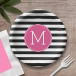 Black and White Striped Pattern Hot Pink Monogram Paper Plates<br><div class="desc">A simple design with an area for monograms. If you need to adjust the artwork or change the font,  you can click on the customize area. This will take you to the design tool where you can make many changes.</div>