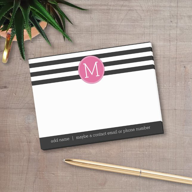 Black and White Striped Pattern Hot Pink Monogram Post-it Notes (Add your monogram and social contact info to this preppy post-it note design)